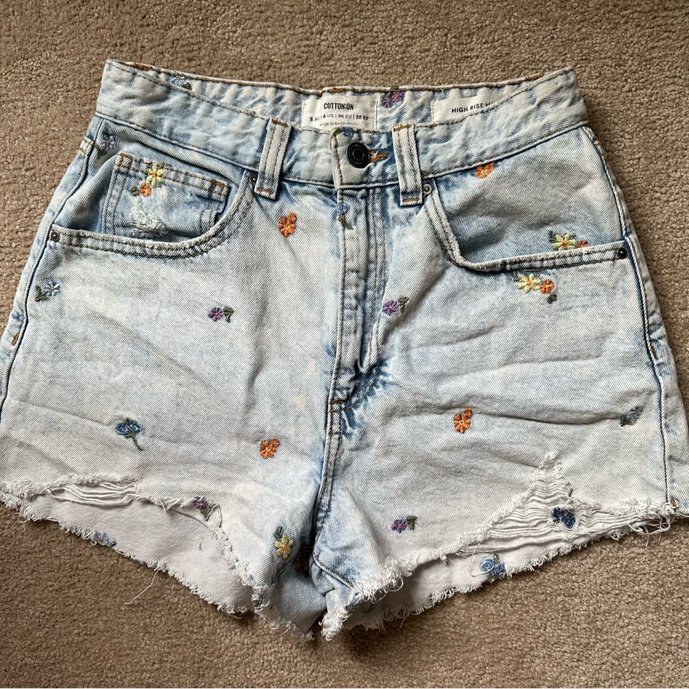 Cotton On Light Blue Floral Embroidered Denim Cutoff Shorts